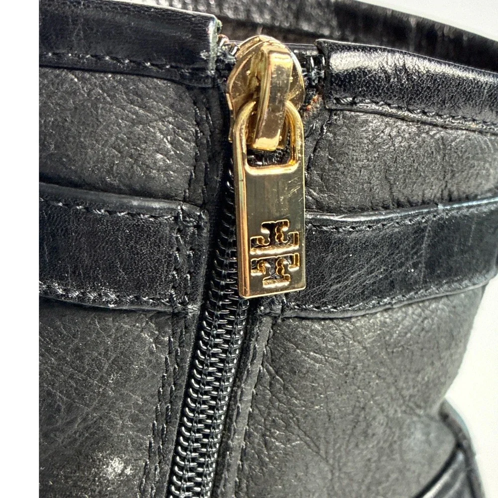 Tory Burch Black Leather‎ Wedge Ankle Boots Gold Logo Buckle Shearling Lined 8.5